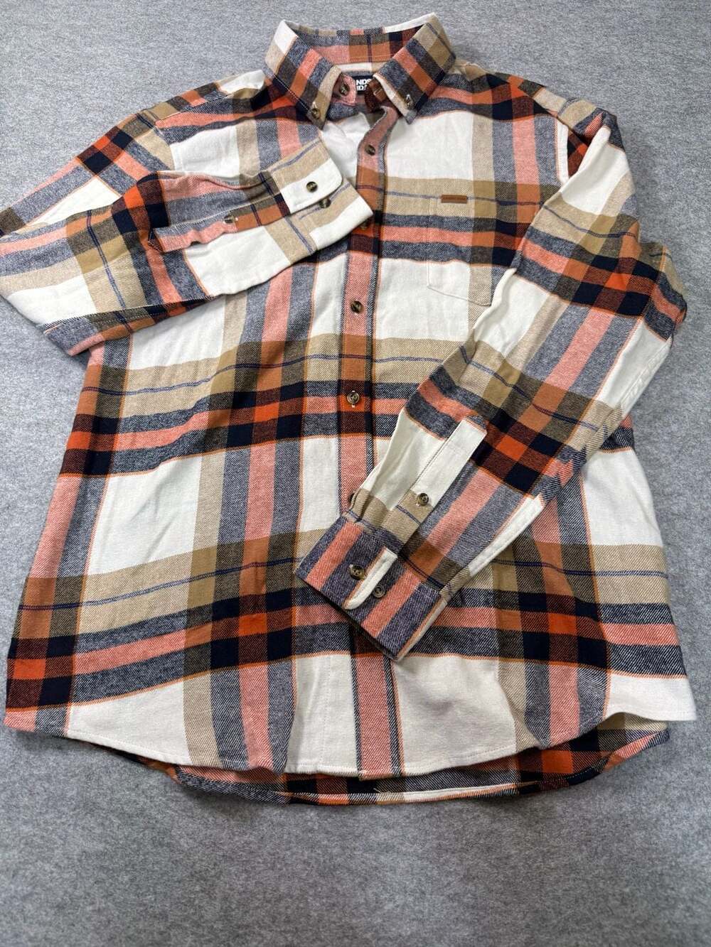 Lands' End Men's Long Sleeve Plaid Flannel Button-Down Shirt Size L Orange Brown